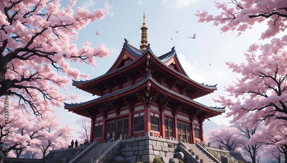 Cherry blossoms surround a traditional Japanese temple. Cherry blossoms surround a traditional Japanese temple.