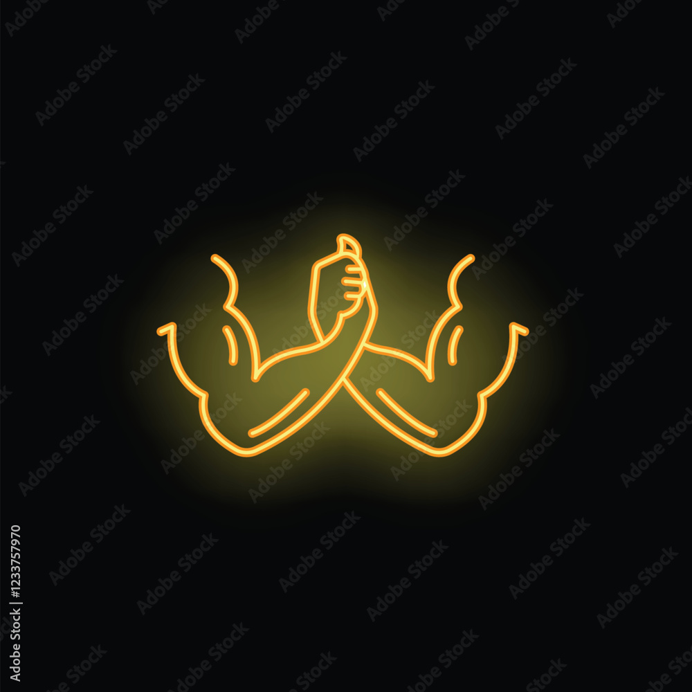 Neon sign of two strong muscular arms gripping hands arm wrestling Neon sign of two strong muscular arms gripping hands arm wrestling