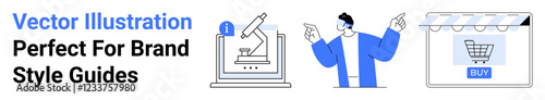 Microscope setup for research, person presenting innovative concepts, online store with shopping basket. Ideal for science, innovation, e-commerce, education, creativity, technology flat landing