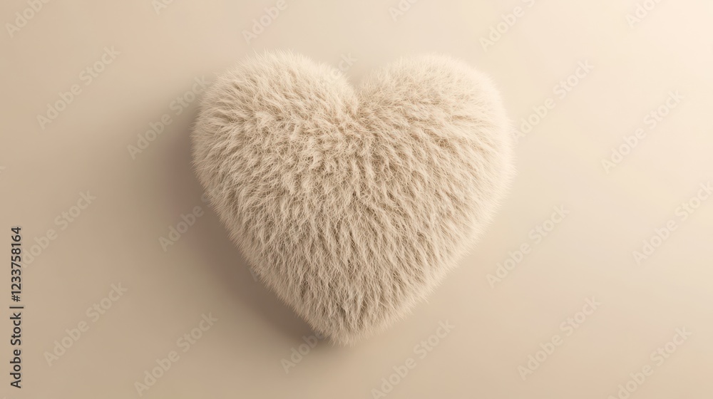 Fototapeta premium A fluffy fur heart shape with a soft, tactile texture set against a light beige minimal background.
