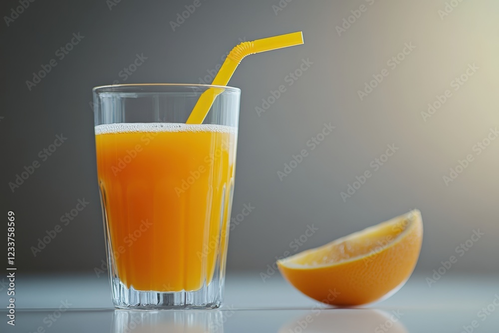 Fresh orange juice glass, straw, slice, studio, drink Fresh orange juice glass, straw, slice, studio, drink