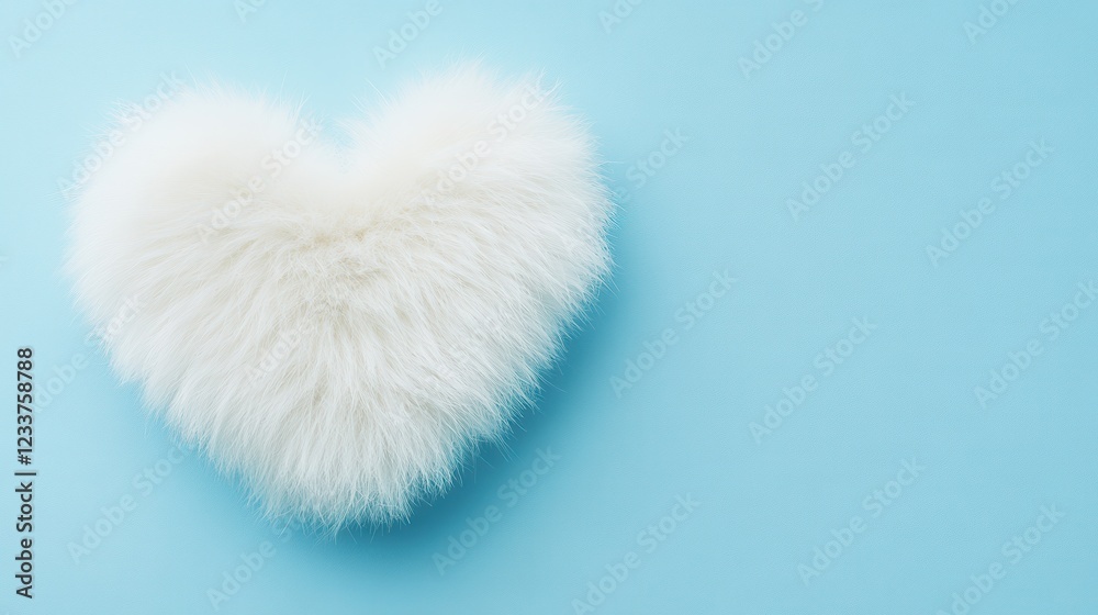 A fluffy white fur heart shape with a soft texture on a baby blue minimal background. A fluffy white fur heart shape with a soft texture on a baby blue minimal background.