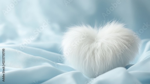 A fluffy white fur heart shape with a soft texture on a baby blue minimal background. photo