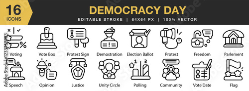 Democracy Day icon set. Editable Stroke Icon Collection. Includes celebration, democracy, national, freedom, independence, and More. Outline icons vector collection.