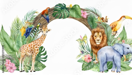 Wallpaper Mural Serene Watercolor Scene of African Wildlife Gathered Under a Majestic Arch Amidst Vibrant Natural Elements, Celebrating the Beauty and Diversity of the African Landscape Torontodigital.ca