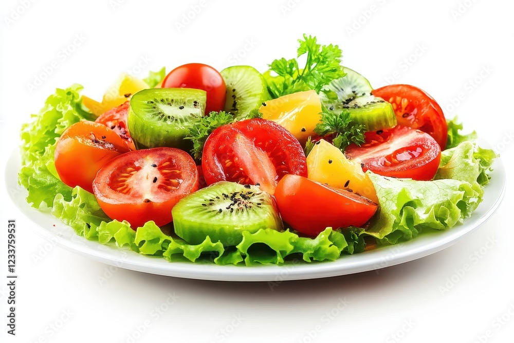Fresh fruit and tomato salad on plate, white background, healthy eating Fresh fruit and tomato salad on plate, white background, healthy eating