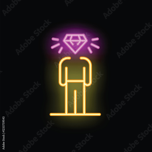 Neon sign of a businessman standing with a shining diamond instead of his head on a black background