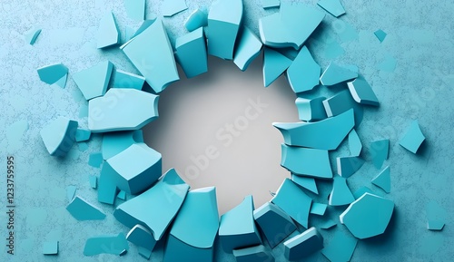 3D hole in a blue cracked wall with a white background, vector illustration on an isolated transparent PNG. Solid color, 2D, flat design, vector, simple design, simple colors, no shadows, white 