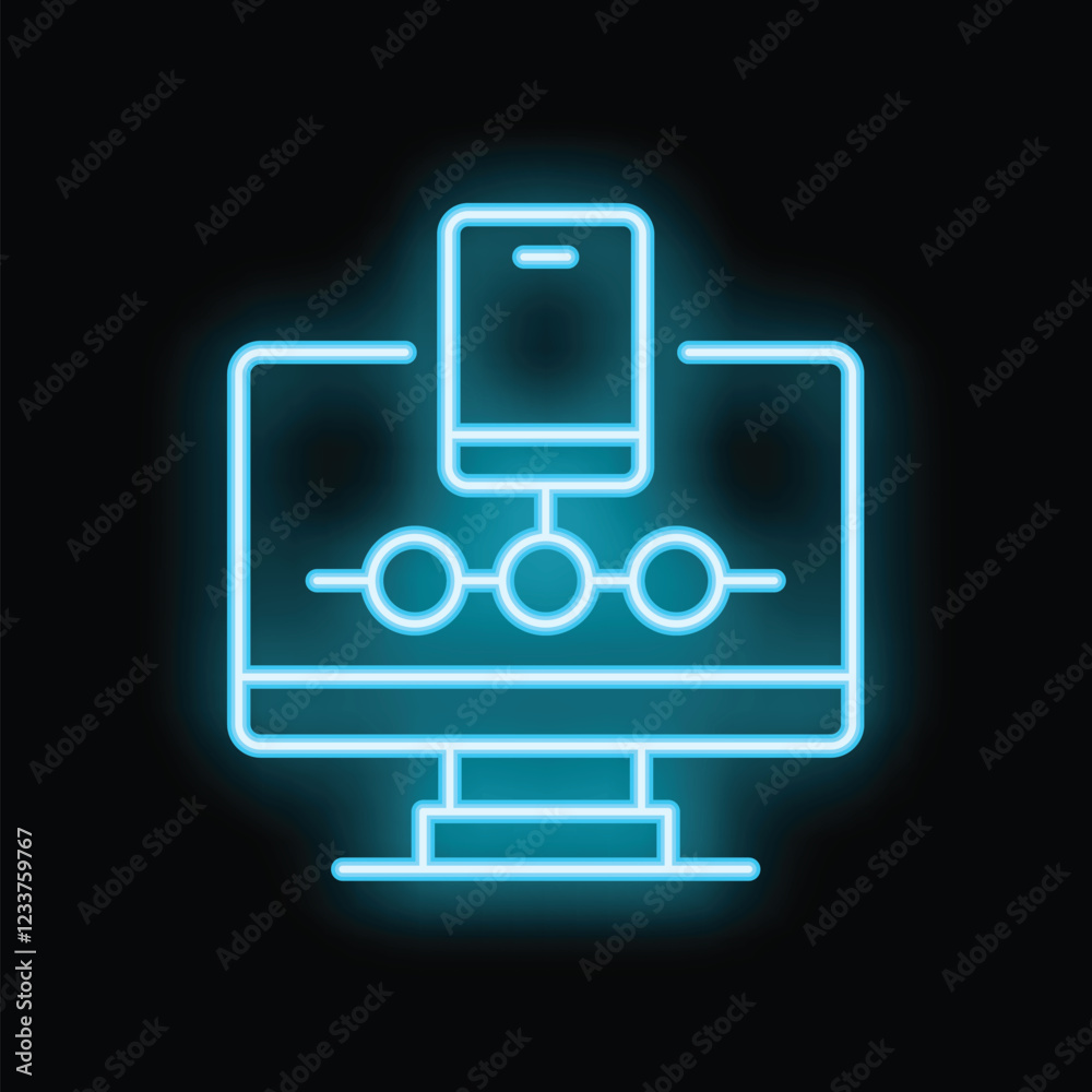 Neon blue icon of a responsive website design connecting a smartphone and a computer Neon blue icon of a responsive website design connecting a smartphone and a computer