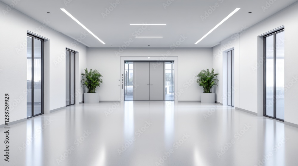 Modern Empty Lobby Interior Design with Elevator and Potted Plants in Bright Open Space Modern Empty Lobby Interior Design with Elevator and Potted Plants in Bright Open Space