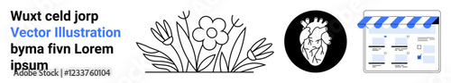 Flowers drawing, stylized heart in circle, and online shop layout on a flat plane. Ideal for Floristry, Wellness, E-commerce, Art, Health, User Interface Design Landing page