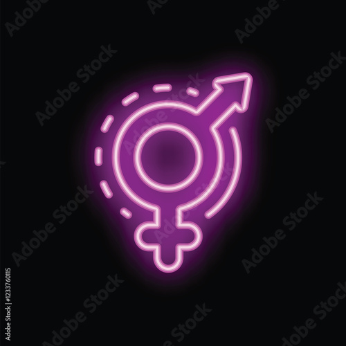 Neon pink transgender symbol is glowing on a black background