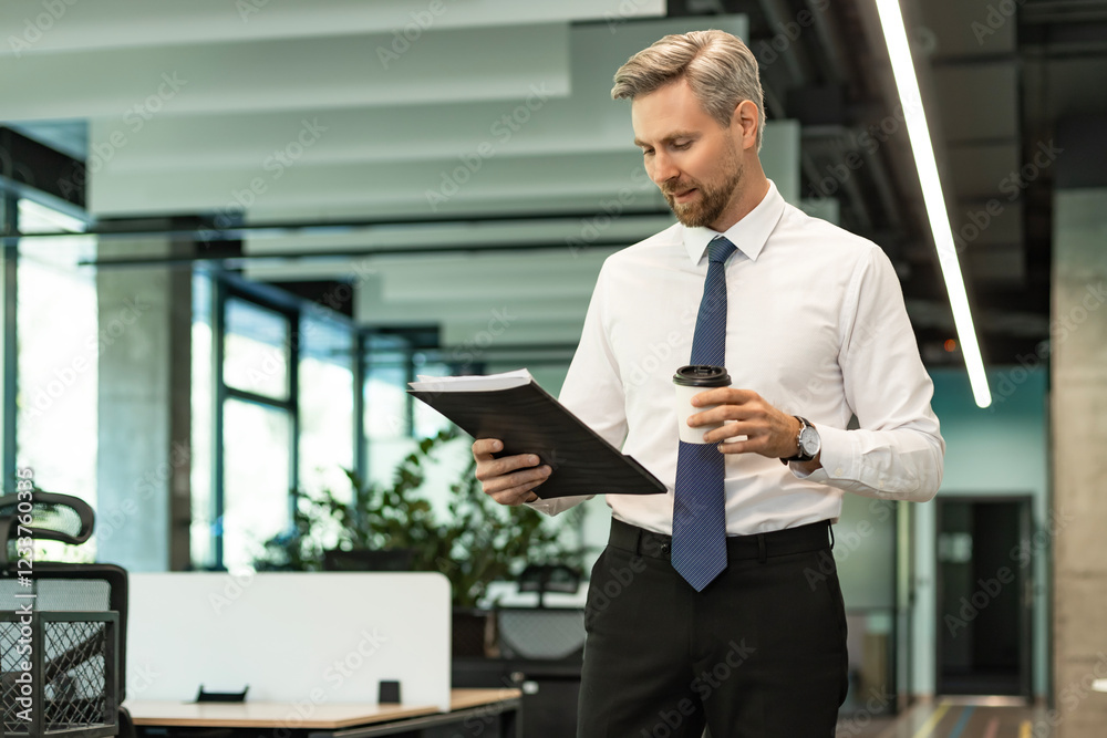 Fototapeta premium Businessman walking in office corridor with documents and takeaway coffee