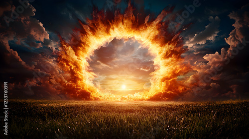 Fiery ring sunset over field, apocalyptic fantasy art
