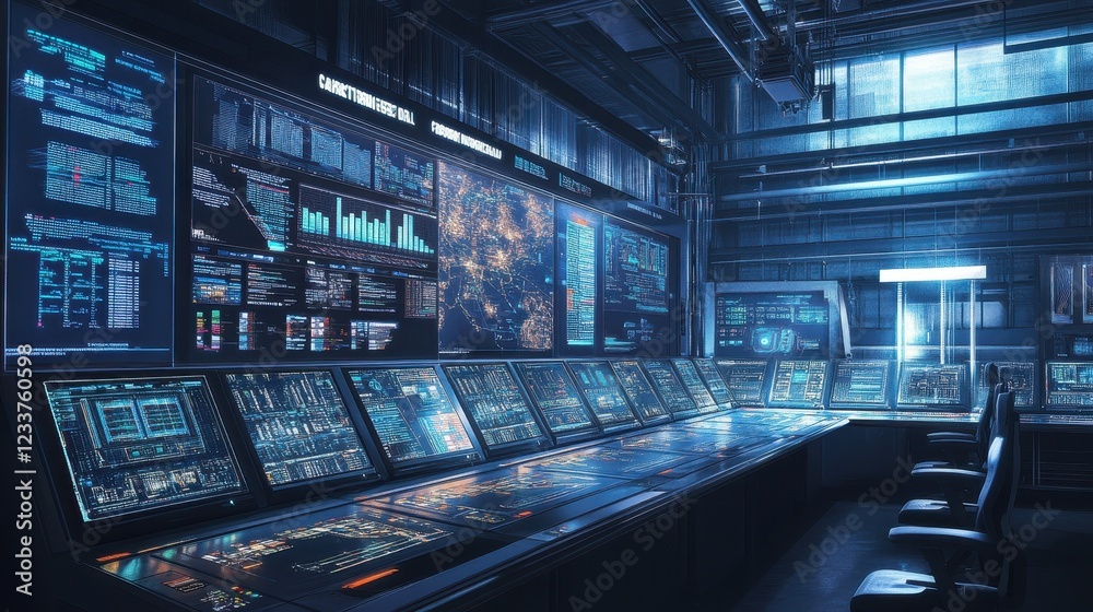 Obraz premium High-Tech Control Room with Modern Displays and Data Visualizations