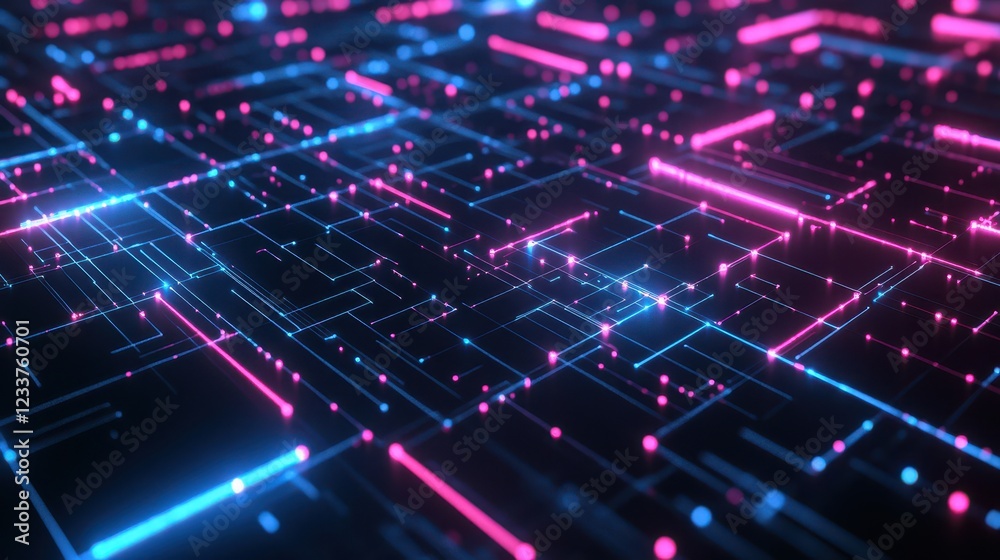 A futuristic neon abstract background featuring a network grid with electric glowing blue and pink connections.
