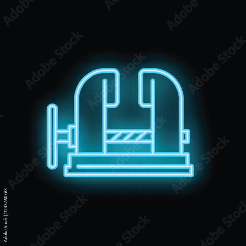 Neon sign glowing in the dark depicting a blue vise grip holding a metal bar, perfect for illustrating concepts of construction or diy projects