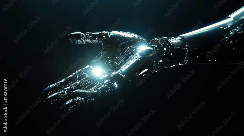 Poster A futuristic robotic hand with glowing circuits extends towards ...