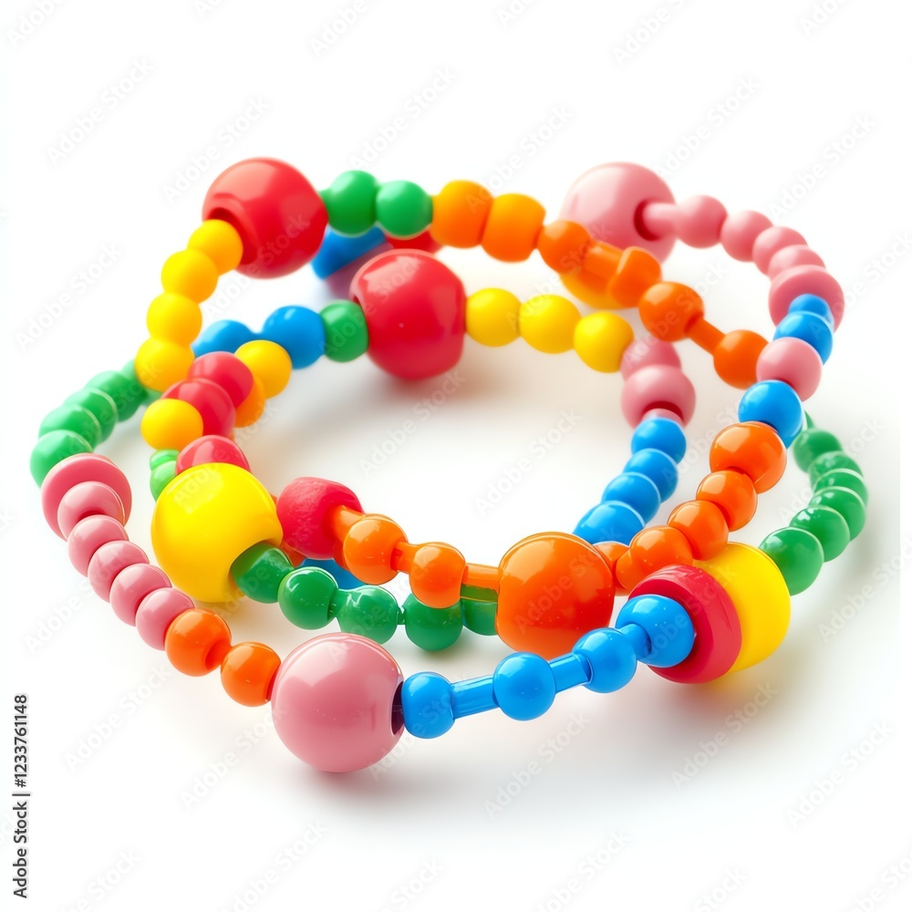 Colorful plastic beads arranged in a playful and creative manner, white isolate background Colorful plastic beads arranged in a playful and creative manner, white isolate background