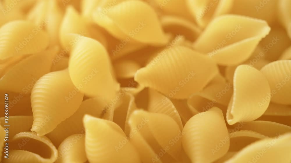 Textured raw shell paste falling down, Conchiglie. 4k video. close-up. Side view Textured raw shell paste falling down, Conchiglie. 4k video. close-up. Side view