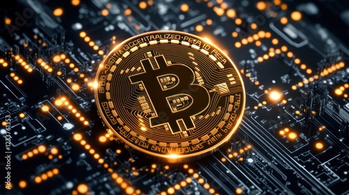 Golden Bitcoin on Circuit Board, Technology Background photo