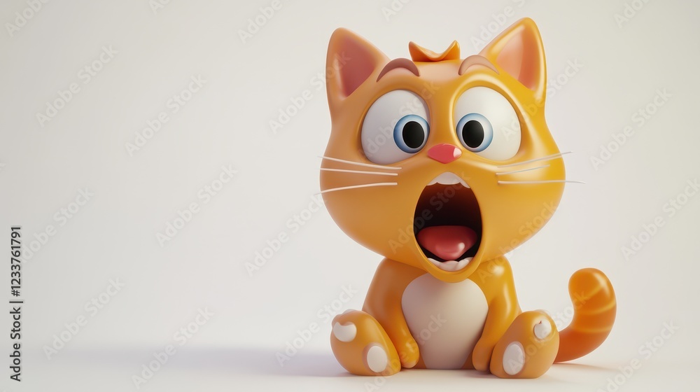 Fototapeta premium A ginger cat cartoon character in 3D design is depicted sitting with an open mouth, showing a look of surprise, shock, and amazement.