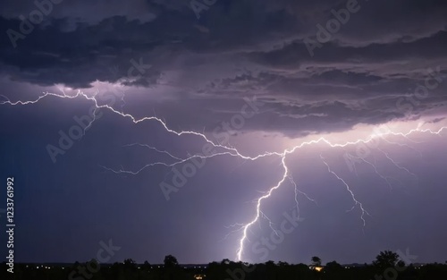 Distant Thunderstorm with a Striking Branched Lightning Bolt Seen from Over 50 Kilometers Away at Night