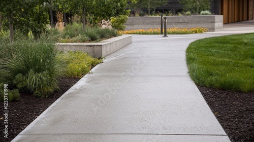 Modern Concrete Pathway Through Lush Landscaping