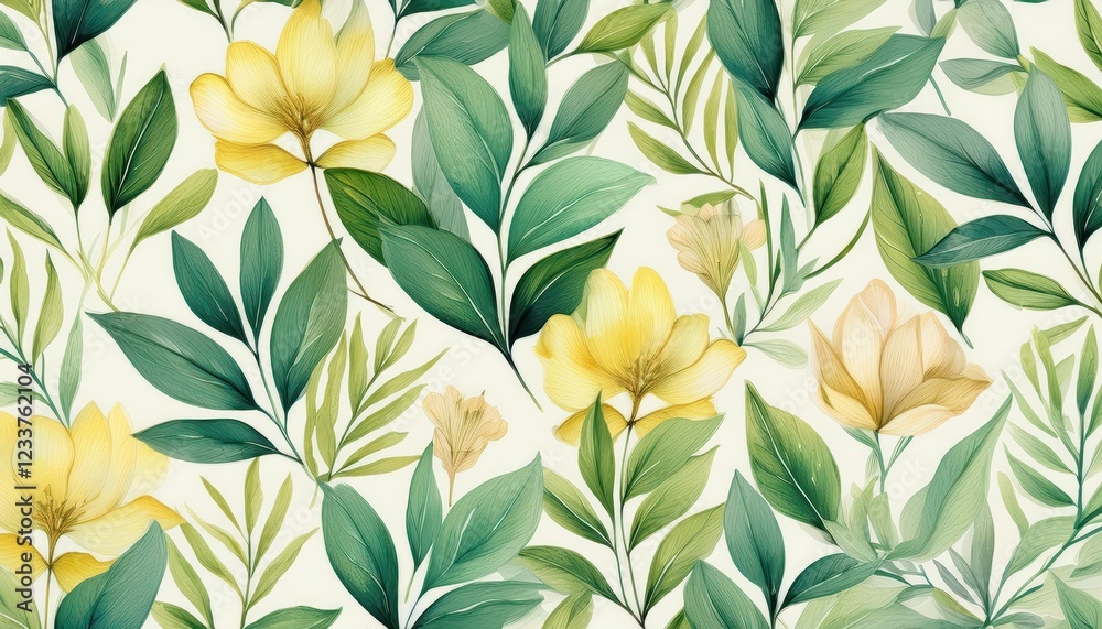 Enchanting Watercolor Seamless Pattern featuring Vibrant Leaves and Blooming Flowers, Infusing the Palette with Rich Hues and a Sense of Tranquility for Digital Art, Home Decor, or Design Enchanting Watercolor Seamless Pattern featuring Vibrant Leaves and Blooming Flowers, Infusing the Palette with Rich Hues and a Sense of Tranquility for Digital Art, Home Decor, or Design