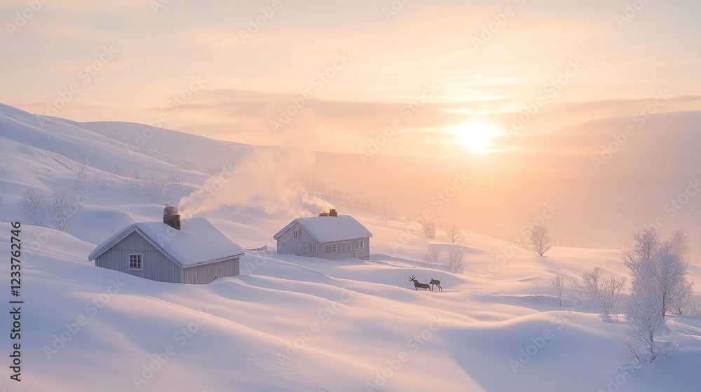 Winter sunrise over snowy cabins, reindeer grazing Winter sunrise over snowy cabins, reindeer grazing