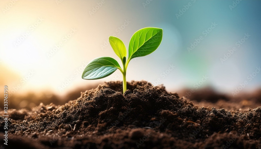Fototapeta premium A small green sapling grows from dark, fertile soil, illuminated by warm sunlight during early morning hours, symbolizing new beginnings and growth in a tranquil garden environment.