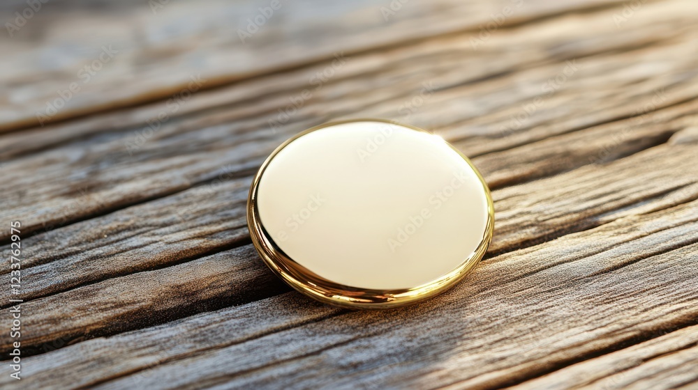A golden metal pin badge button is placed on a wooden table, showcasing its shiny finish and round brooch design. A golden metal pin badge button is placed on a wooden table, showcasing its shiny finish and round brooch design.