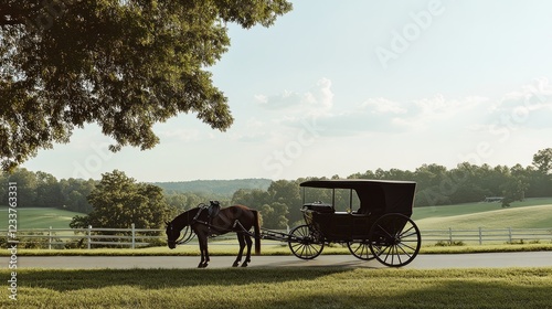 Horse-drawn carriage resting by a tree on a sunny rural road.