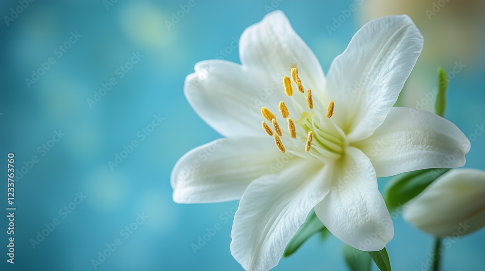 Fototapeta premium Close-up of white lily flower with soft blue background