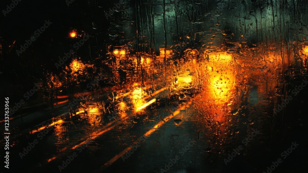 Fototapeta premium Rain Streaked Window Night City Lights