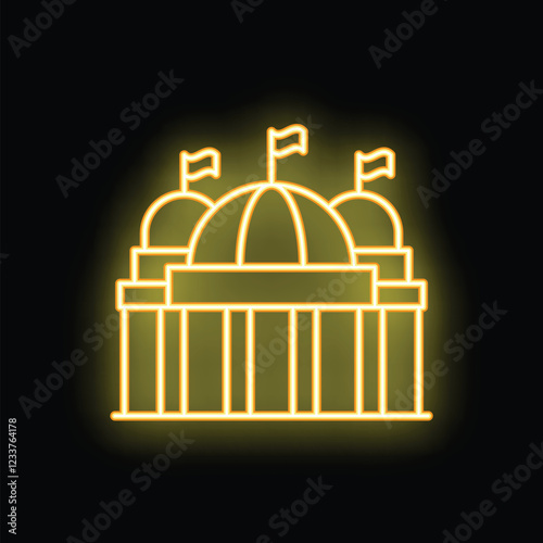 Glowing neon line icon of a government building with flags, representing politics and administration