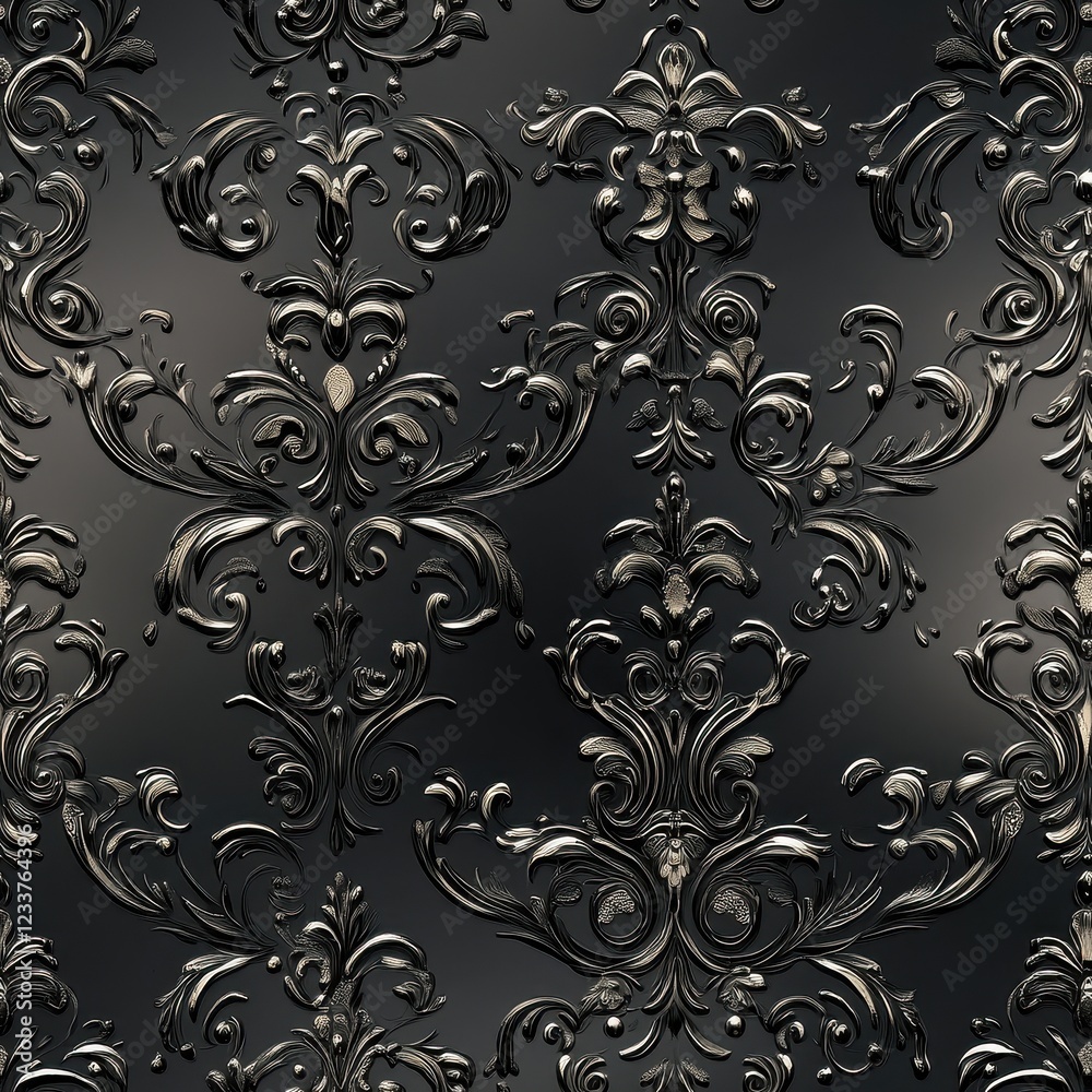 Ornamental Baroque Wallpaper Pattern in Elegant Black and Silver Ornamental Baroque Wallpaper Pattern in Elegant Black and Silver