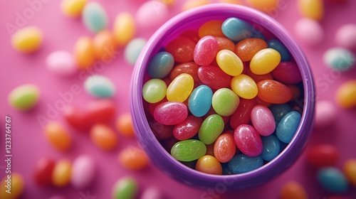Colorful jellybeans in bowl, pink background