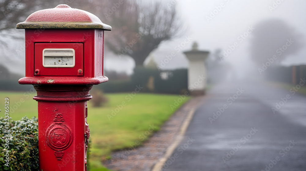 Historic red mailbox stands prominently on a British street, symbolizing timeless communication and cultural heritage.