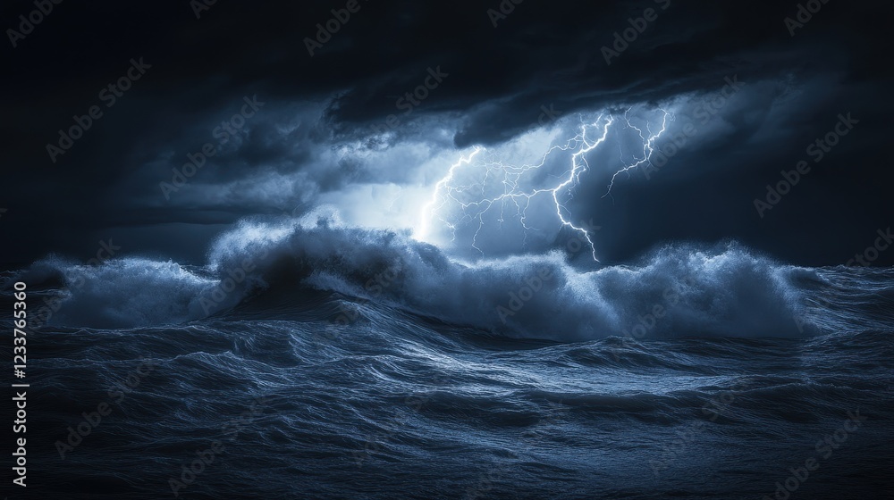 Dramatic Ocean Scene with Lightning and Dark Stormy Clouds Dramatic Ocean Scene with Lightning and Dark Stormy Clouds