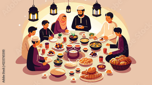 Iftar Feast Gathering, A family gathered around a table covered with traditional Ramadhan dishes like dates, soup, fruits, and bread. The scene captures the warmth and togetherness of the iftar meal 