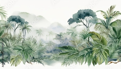 Vibrant Watercolor Jungle Landscape Wallpaper Lush Greenery and Exotic Wildlife Amidst a Tropical Rainforest Canopy, Perfect for Digital Art, Home Decor, or Design Inspiration photo