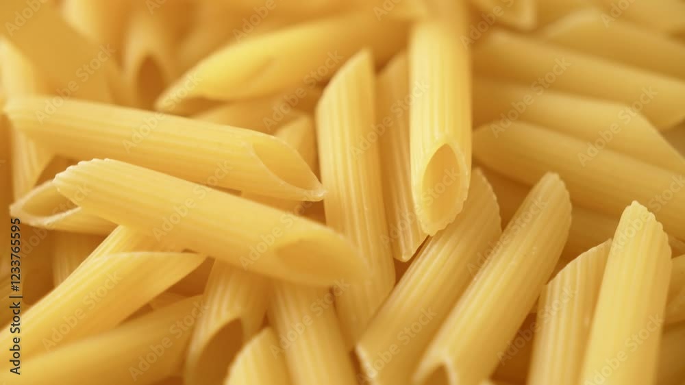 The beautiful dry yellow Penne paste slowly falls down into the pile. 4k video. Close-up. Side view The beautiful dry yellow Penne paste slowly falls down into the pile. 4k video. Close-up. Side view