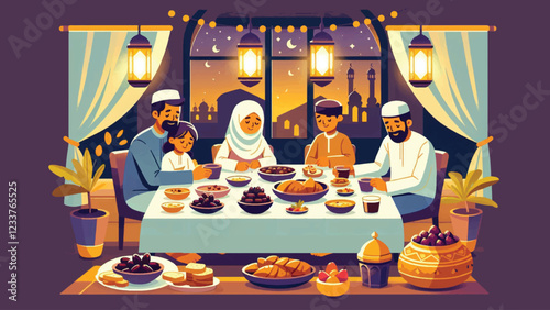 Iftar Feast Gathering, A family gathered around a table covered with traditional Ramadhan dishes like dates, soup, fruits, and bread. The scene captures the warmth and togetherness of the iftar meal 