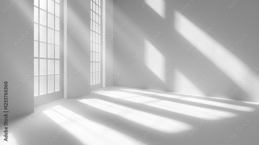 Fototapeta premium Realistic and minimalist blurred natural light windows, shadow overlay on wallpaper texture, Sunlight streaming through a window casting shadows on a white wall and floor.