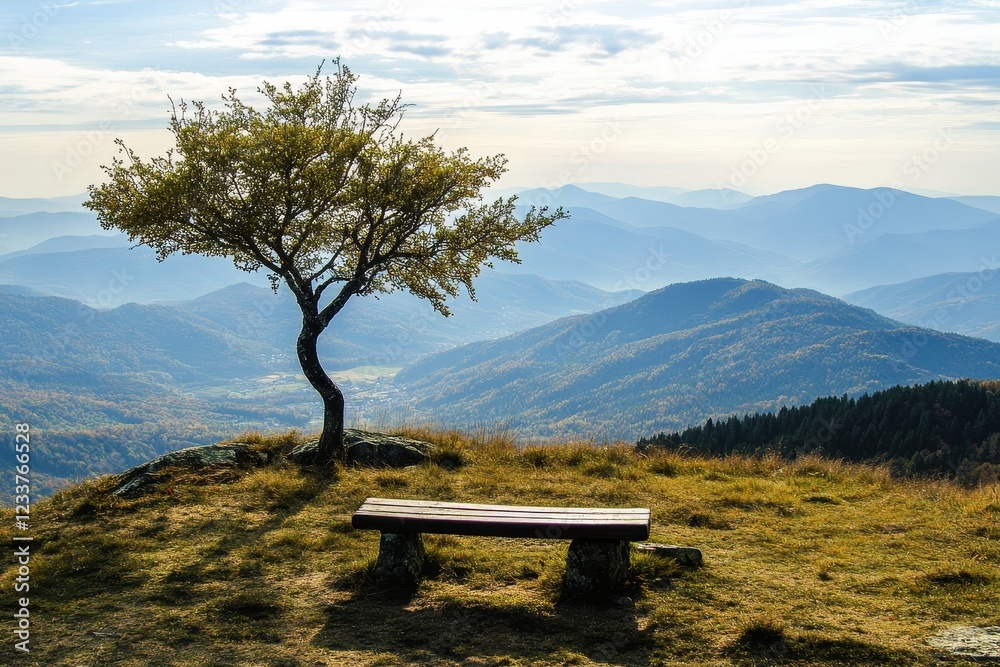 Serene Mountain View with Tree and Bench Overlooking Valley Vista Serene Mountain View with Tree and Bench Overlooking Valley Vista