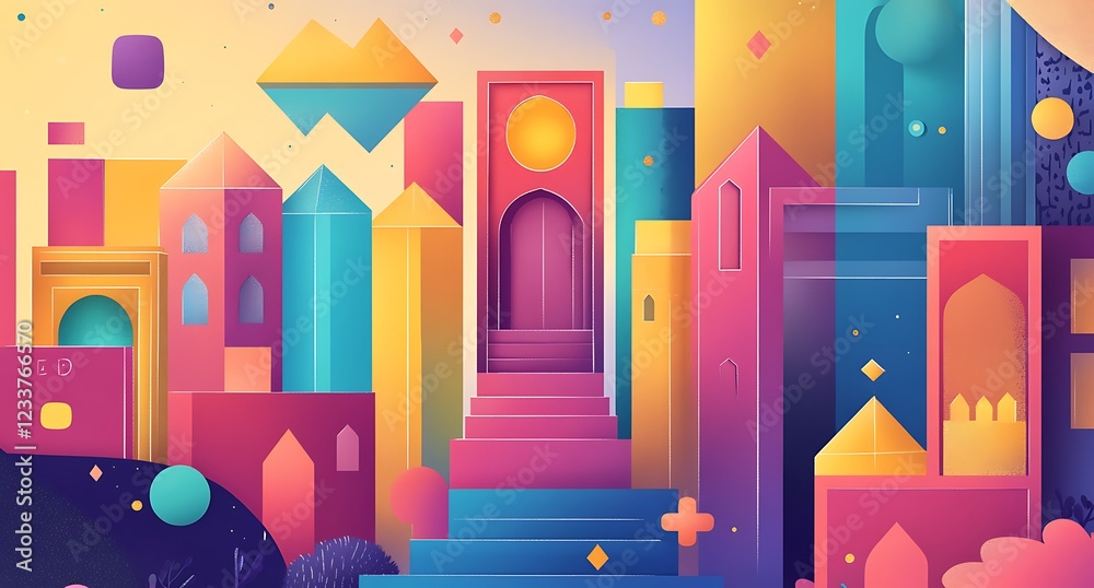 Obraz premium Colorful Stylized Graphic of Whimsical Buildings and Abstract Shapes