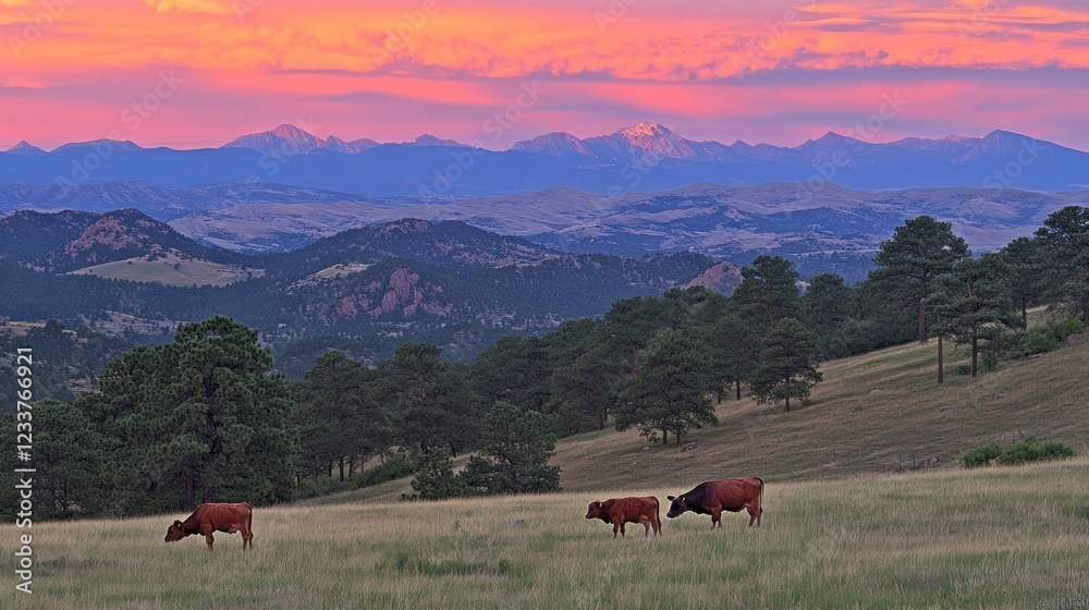 Fototapeta premium Cows graze in a mountain pasture at sunset.