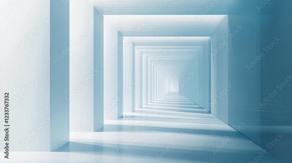 Fototapeta premium A large, empty room with white walls and floors, Empty white corridor with glass walls. Blurred motion image in blue and white tones. 