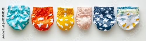 Colorful baby diapers arranged in a row on a white isolated background.
